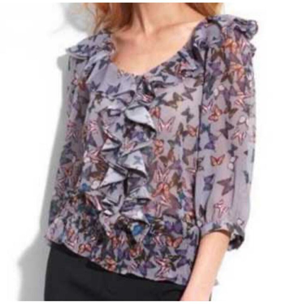 TED BAKER Sz 2 Small Purple Butterflies Ruffle Blouse 3/4 Sleeve Sheer Whimsical